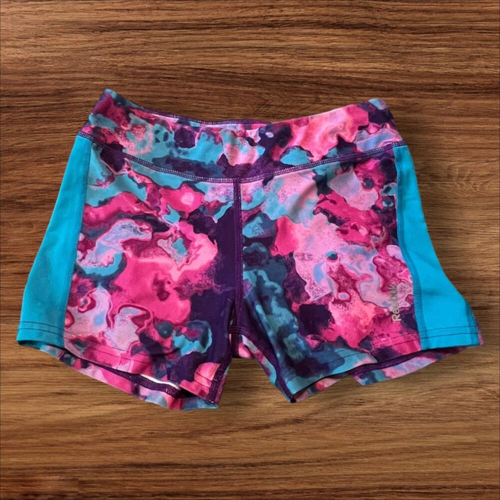Reebok Pink Teal Abstract Print Athletic Compression Shorts Girls Large 12-14